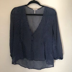 Chiffon work blouse, blue and white polka dots